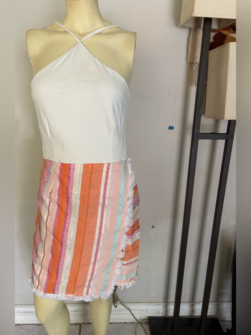 Hutch White Halter Mini Dress with Multicolor Striped Skirt Size 10